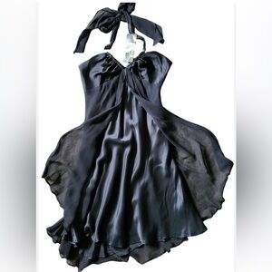 Donna Ricco Black 100% Silk scarf drawstring neck sexy Halter Cocktail Dress